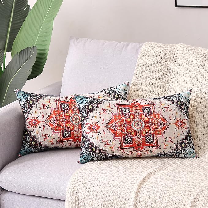 Outdoor Waterproof Pillow Covers - 12 x 20 Inch Set of 2, Orange Bohemian Vintage Carpet Pattern, Ethnic Design Decorative Farmhouse for Couch, Garden, Balcony