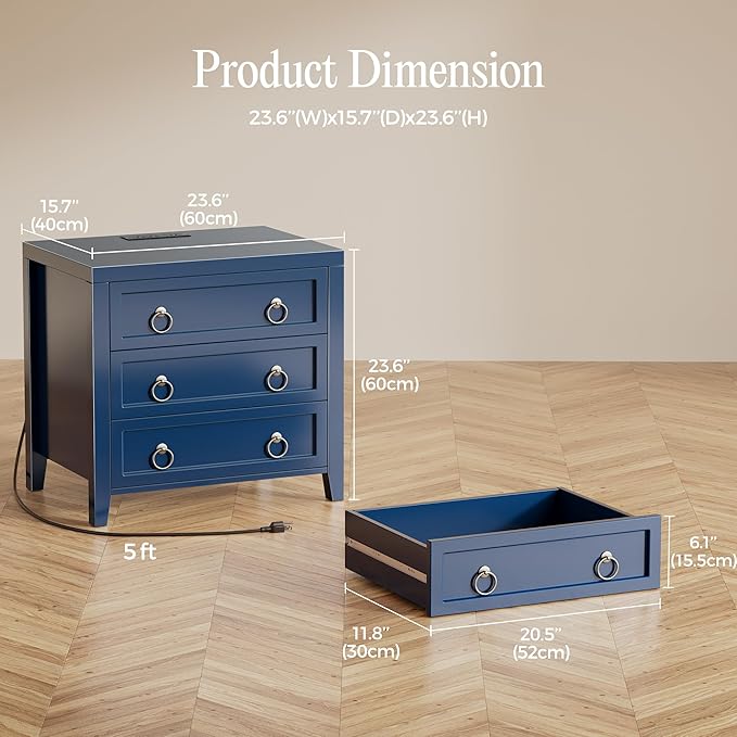 Huuger Paint Night Stand with Charger Station, 3 Drawer Nightstand Set of 2 | Larger Wider Bedside Table with USB-C Port, Modern End Table, for Bedroom, Living Room, Blue Nightstand