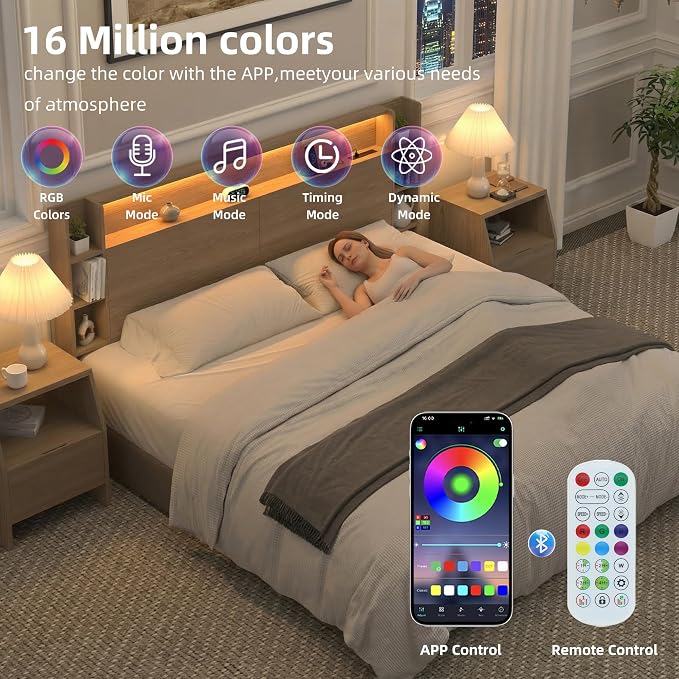 King Wall Mount Solid Wood Leg Headboard with Storage | Headboard Only,USB Charging ,Rgb Light,Modern backboard,Integrated fit,Sturdy and Stable Bed Board