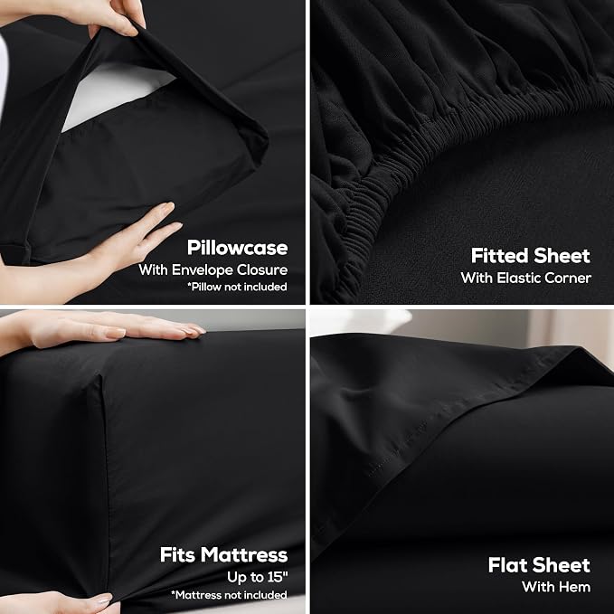 Full Sheets Set, 4 Pieces 16" Deep Pocket Hotel Luxury Bed Sheets, Black | Extra Soft Bedsheet Set, Comfy & Breathable Cooling Sheets, Wrinkle & Fade Resistant, Fitted Sheet, Flat Sheet, 2 Pillowcases