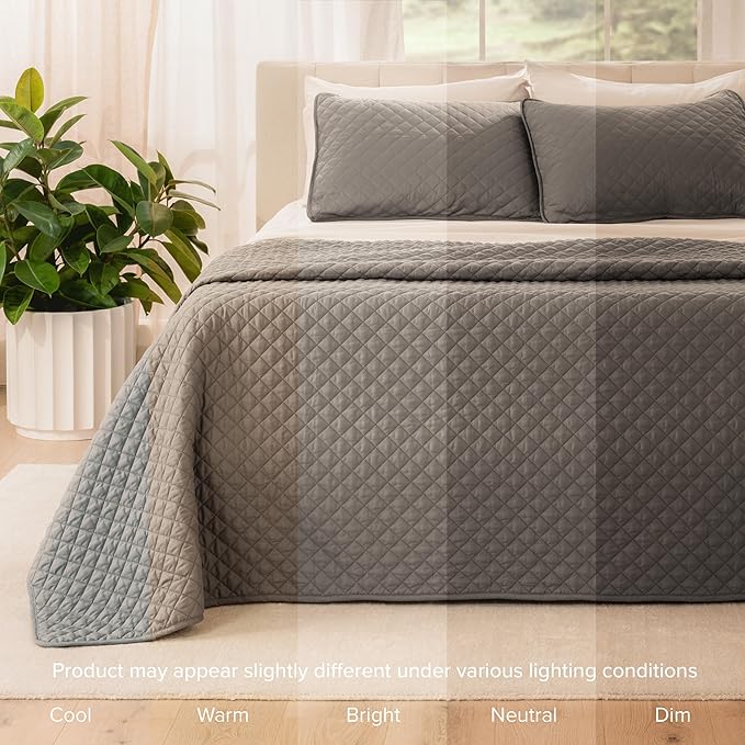 Bare Home Coverlet Set - Full/Queen - Lightweight Bed Decor - Comforter Alternative - All-Season Quilted Bedspread (Full/Queen, Grey)