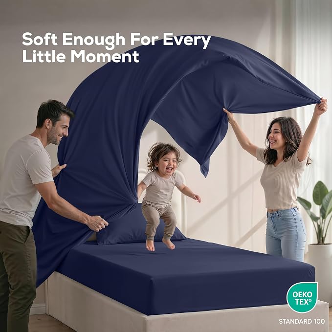 Twin Sheets Set, 3 Pieces 16" Deep Pocket Hotel Luxury Bed Sheets, Navy | Extra Soft Bedsheet Set, Comfy & Breathable Cooling Sheets, Wrinkle & Fade Resistant, Fitted Sheet, Flat Sheet, 1 Pillowcase