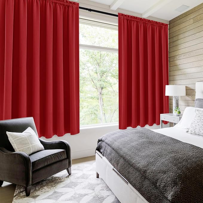 DWCN Wide Blackout Curtains for Bedroom Living Room 70 x 63 Inch Long Red | 2 Panels Set, Room Darkening, Thermal Insulated, Light Blocking, Rod Pocket Drapes, Noise Reducing Window Treatments