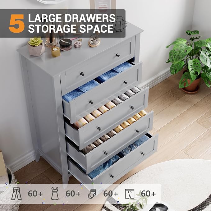 Garvee Grey 5-Drawer Dresser for Bedroom, 42.7" H Storage Drawers Organizer | Modern Lacquered Chest of Drawers, 15.8"D x 31.5"W x 42.7"H, Storage Dresser with Deep Drawers for Home Office