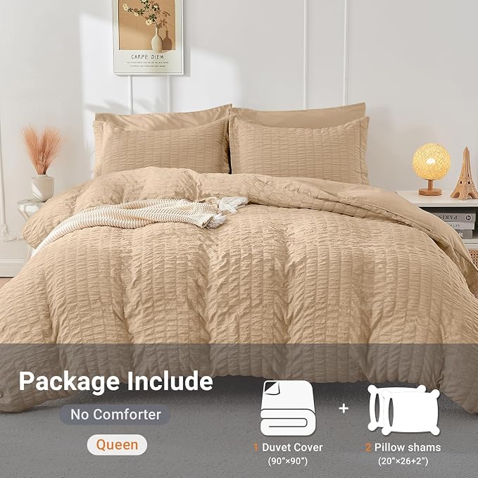 HYMOKEGE Khaki Duvet Cover Full Size, Ultra Soft 3-Piece Seersucker Duvet Cover Set with Zipper Closure, Soft Brushed Microfiber Bedding Set with 8 Corner Ties (80"x90", 2 Pillowshams)