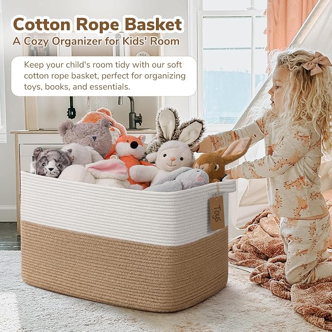 Goodpick 75L Extra Large Woven Rope Blanket Basket, Rectangle, Jute | 22" × 17" × 12" Decorative Storage Basket for Pillows, Toys & Daily Essentials, Fits Living Room, Bedroom & Home Decor