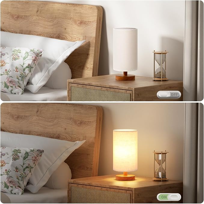 Small Table Lamps (Beige Shade - Walnut Base, 9" Inline Control) | 3000K LED Blub Included | 680 Lumens | Easy Assembly | Minimalist Design | E26 | for Kitchen | for Kids Room