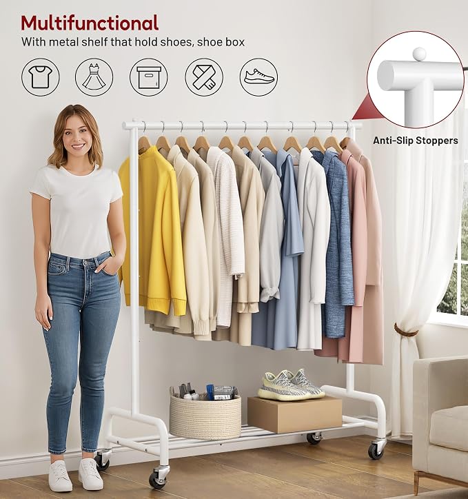 SLEEPING LAMB Heavy Duty Clothes Racks for Hanging Clothing Rack, 43" Wide Rolling Garment Rack Metal Wardrobe Rack with Wheels Closet Hanger Rack for Coats, Shirts, Dress, (White)