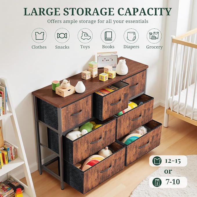 7-Drawer Dresser for Bedroom, Anti-Tip Wide Storage Organizer Fabric | Chest of Drawers TV Stand for 45" TV with Wooden Top and Metal Frame for Closet, Living Room, Hallway, Entryway, Brown