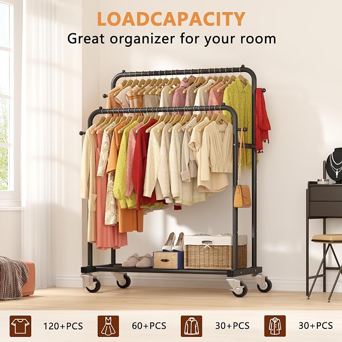 Laiensia Double Rods Garment Rack with Wheels, Clothing Rack for Hanging Clothes,4 Hooks, Multi-functional Bedroom Clothes Rack, Black