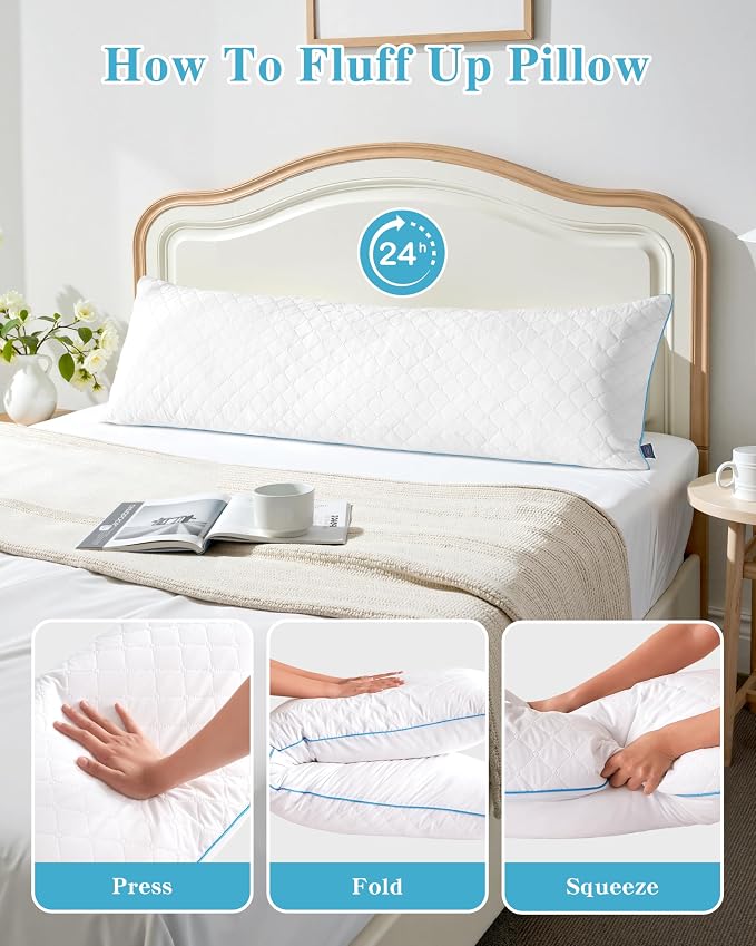YZ HOME Long Body Pillow for Adults - Firm Body Pillow Insert | Body Pillow Insert with Shredded Memory Foam,Adjustable Height,Soft Support for Side Sleeper,Washable (White, 20x54'')