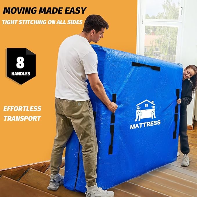 Mattress Bags for Moving, BETU Mattress Protector Waterproof Mattress Cover Twin XL Size Storage Bags with 8 Heavy-Duty Handles and Zipper for College Bed Extra Thick Large(82"x42"x15" Blue)