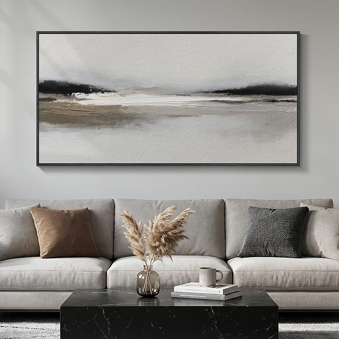 Large Framed Black and White Abstract Wall Art for Living Room, 30x60 In | Horizontal landscape pictures, Oversized canvas prints, Modern neutral artwork for walls, Wall decor for bedroom dining room
