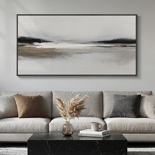 Large Framed Black and White Abstract Wall Art for Living Room, 30x60 In | Horizontal landscape pictures, Oversized canvas prints, Modern neutral artwork for walls, Wall decor for bedroom dining room