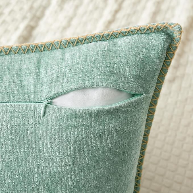 MIULEE Decorative Lumbar Throw Pillow Covers 12x20 Inch Aqua Green 2 Pack | Farmhouse Pillow Covers with Stitched Edge, Soft Chenille Cushion Cases, for Couch Sofa Bed Living Room Home Decor