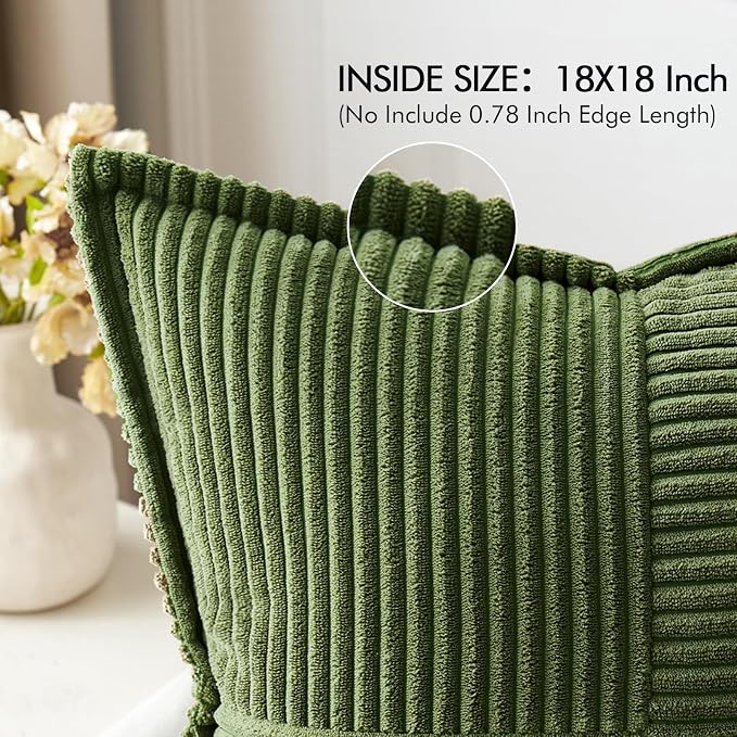 MIULEE Decorative Throw Pillow Covers for Couch 18x18 Inch Moss Green | 2 Pack, Boho Broadside Striped Patchwork Pillow Covers, Soft Corduroy Cushion Cases, For Sofa Bed Livingroom Home Decor
