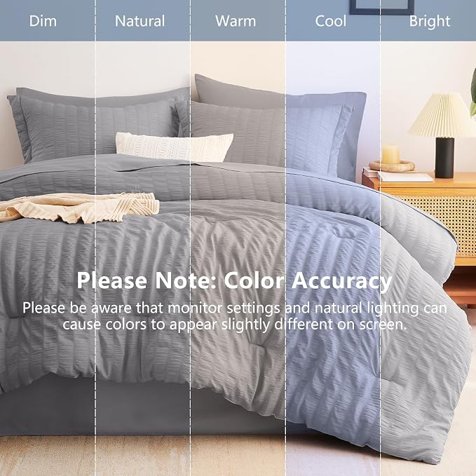 Queen Comforter Set, 7 Pieces Grey Seersucker Bed in a Bag | OEKO-TEX Certified, All Season Bedding Set with 240 GSM Down Alternative Comforter, Flat & Fitted Sheets, Pillowcases & Shams