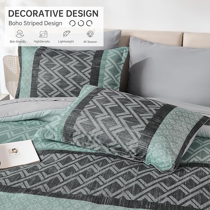 Boho Comforter Set Queen Size,Green and Grey Striped Bed in a Bag | 7 Piece Plaid Comforter Set,Soft Microfiber Bedding Sets