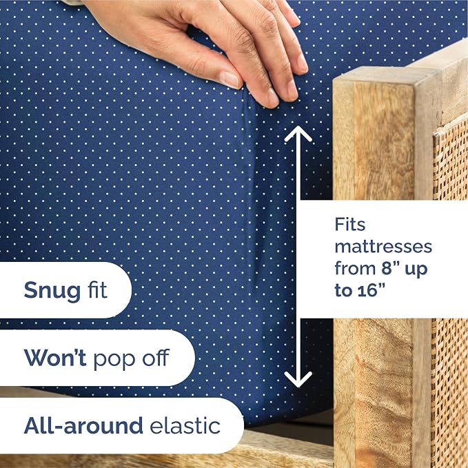 Queen 4 Piece Striped Sheet Set - Breathable & Cooling - Navy Microdots | 1 Flat, 1 Fitted & 2 Pillowcases w/ Deep Pockets, Luxury Striped Bedding, Soft, Breathable & Cooling, Wrinkle & Fade Free