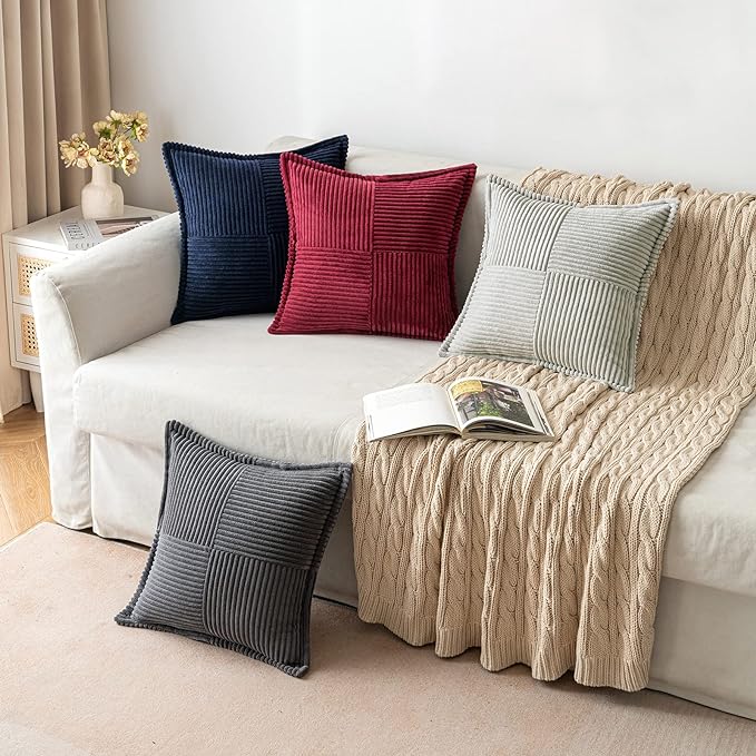 MIULEE Decorative Throw Pillow Covers for Couch 18x18 Inch Dark Grey 2 Pack | Boho Broadside Striped Patchwork Pillow Covers, Soft Corduroy Cushion Cases, For Sofa Bed Livingroom Home Decor