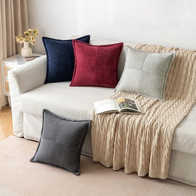 MIULEE Decorative Throw Pillow Covers for Couch 18x18 Inch Navy Blue 2 Pack | Boho Broadside Striped Patchwork Pillow Covers, Soft Corduroy Cushion Cases, For Sofa Bed Livingroom Home Decor