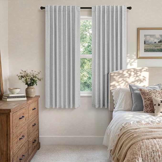 Pitalk 63 Inch Length Curtains for Living Room Black Out 2 Panel Faux Linen Rustic Country Farmhouse Style Room Darkening Light Gray Blackout Curtains for Bedroom Dove Grey 52 x 63 Inches Long