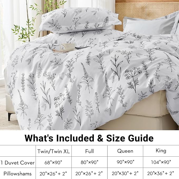 MUXHOMO Duvet Cover King Size, Reversible Floral White Duvet Cover Set with Zipper Closure, 3 Pieces Botanical Patterns Soft Microfiber Bedding Set (90"x104", 2 Pillow Cases 20"×36")