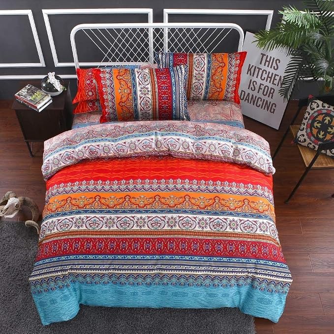 Bohemian Queen Comforter Set Soft Chic 3 Pieces Bedding Boho Comforter Set Lightweight Exotic Red Teal Mandala Colorful Vintage Comforter Bed Set for All Seasons