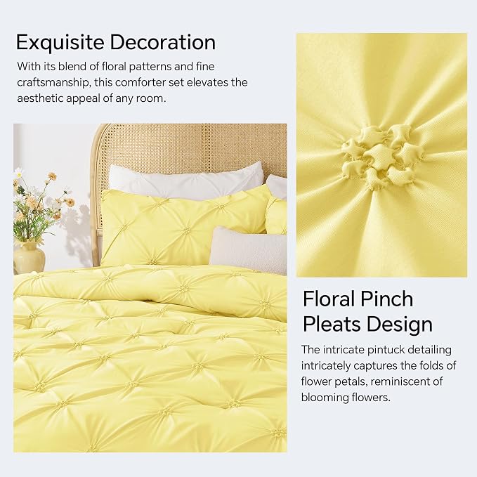 BEDELITE King Comforter Set Light Yellow,Lightweight & Soft Comforter | Pintuck Boho Bedding, Warm & Cute Bed Set for All Season,With 2 Pillowcases