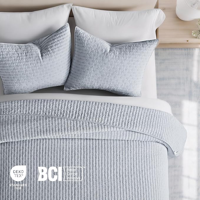 100% Cotton Cross Stitch 3-Piece Quilt Set, Queen, Powder Blue | 100% Cotton, Elegant Cross Stitch, Soft & Breathable, Prewashed Softness, Oversized Design, OEKO-TEX® Certified