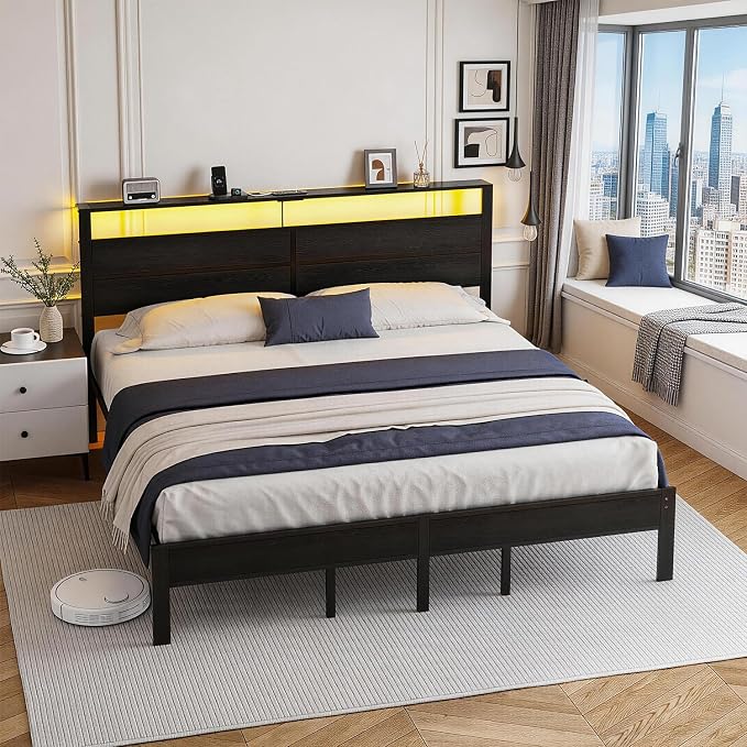 King Size Bed Frame with LED Lights and Charging Station | Black Metal Platform Bed with Wood StorageHeadboard, Sturdy Slats, No Box Spring Needed, Noise Free, Easy Assembly