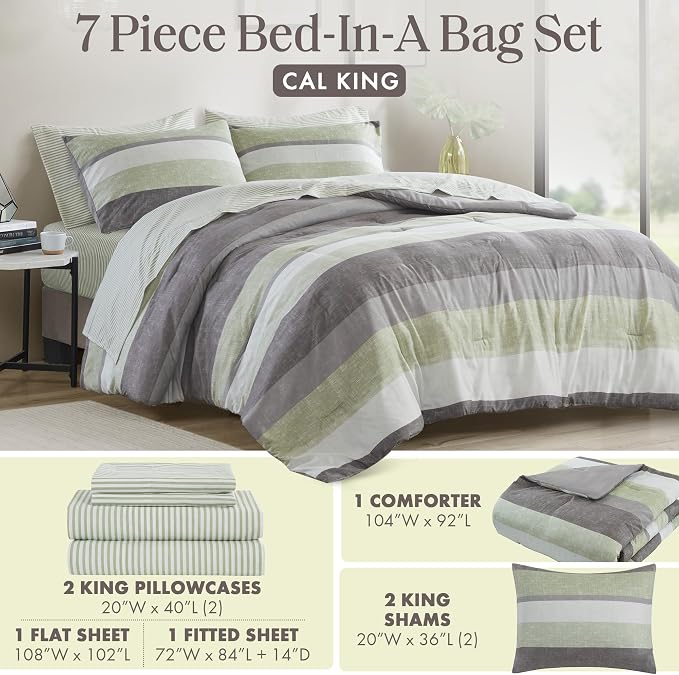 Madison Park Essentials Jaxon Cal King Comforter Set, Bed in A Bag Comforter & Sheet Set, Modern Casual Stripes Print, All Seasons, Soft Bedding Makeover, Matching Sham, Cal King Green/Grey 7 Piece