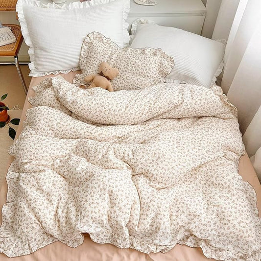 Soft Cotton Muslin Duvet Cover Girls Kids Floral Duvet Cover Beige Crib Bedding Comforter Cover Quilt Cover, 47"x59", Camellia Print (Pillowcases Not Included)