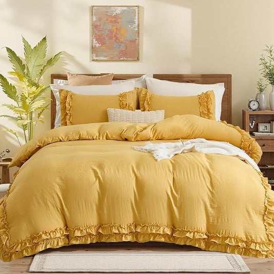 Bedorm Ginger Yellow Bedding Set Queen Ruffle Duvet Cover Super Soft Cozy Washed Microfiber Bedding Shabby Chic Coquette Decor Farmhouse Boho Duvet Cover Set