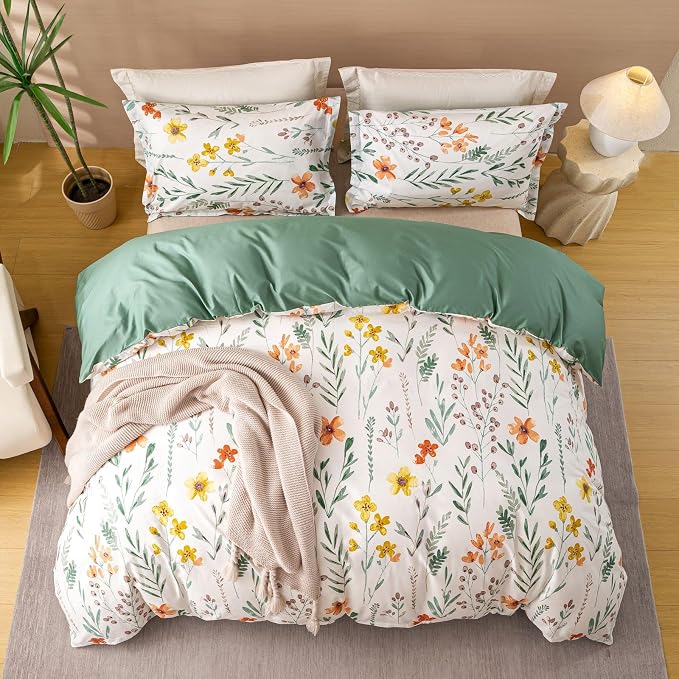 OAITE Twin Duvet Cover Set 3pcs 100% Cotton with Green Pastoral | Cottagecore,Soft, Breathable,Long-lasting,Comfort,Hidden Zipper,8 Corner Ties,Easy Care for All Season