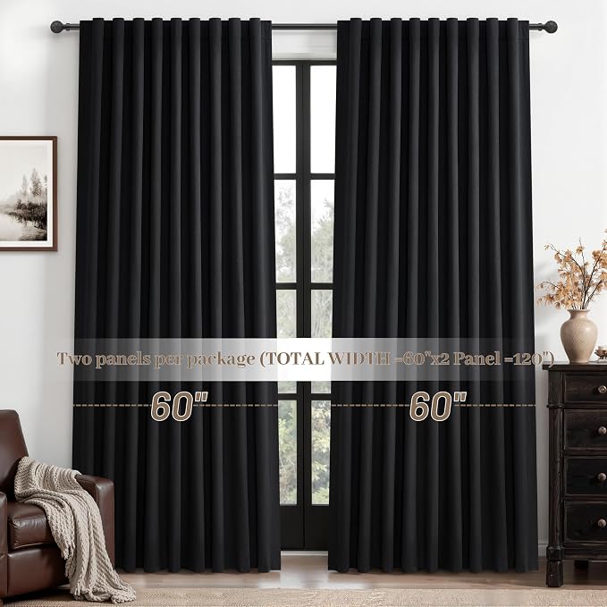 Black Out Curtains 60 Inches Extra Wide Luxury Linen Curtains 84 Inch Length for Living Room, Pleated Farmhouse Bedroom Thermal Heavy Drapes for Winter Thick Large Window 60"W x 84"L 2 Panels