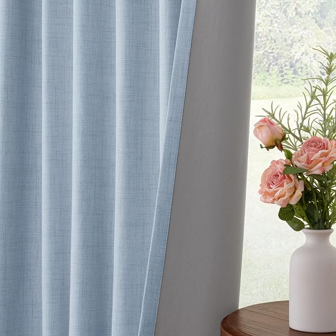 INOVADAY 100% Blackout Linen Curtains for Bedroom 50x96 Chambray Blue | Linen Textured, Light Blocking, Room Darkening, Thermal Insulated, Back Tab Top, Window Curtains for Living Room, 2 Panels