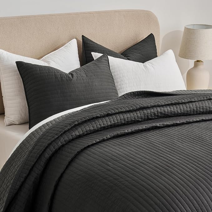 EVERGRACEHOME Cotton Sateen Quilt Set, King Size, Washed Black | 100% Cotton, Channel Stitch Coverlet Bedspread, Pre-Washed Lightweight Soft Bedding Set for All Season, 3 Piece, with 2 Shams