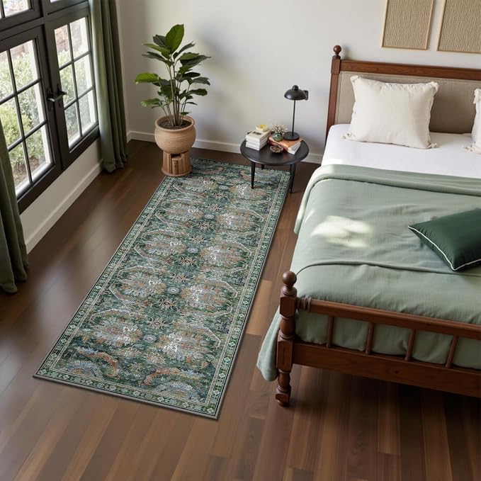 2x6 Hallway Runner Rug, Washable Vintage Retro Long Runner Rugs for Kitchen Laundry, Soft Ultra Thin Non Slip Low Pile Traditional Area Carpet for Bedroom Bathroom Indoor, Green