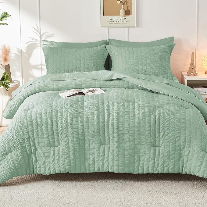 HYMOKEGE Sage Green Oversized King Comforter Set Seersucker 7 Pieces, All Season Luxury Bed in a Bag for Bedroom, Bedding Set with Comforter, Sheets, Pillowcases & Shams