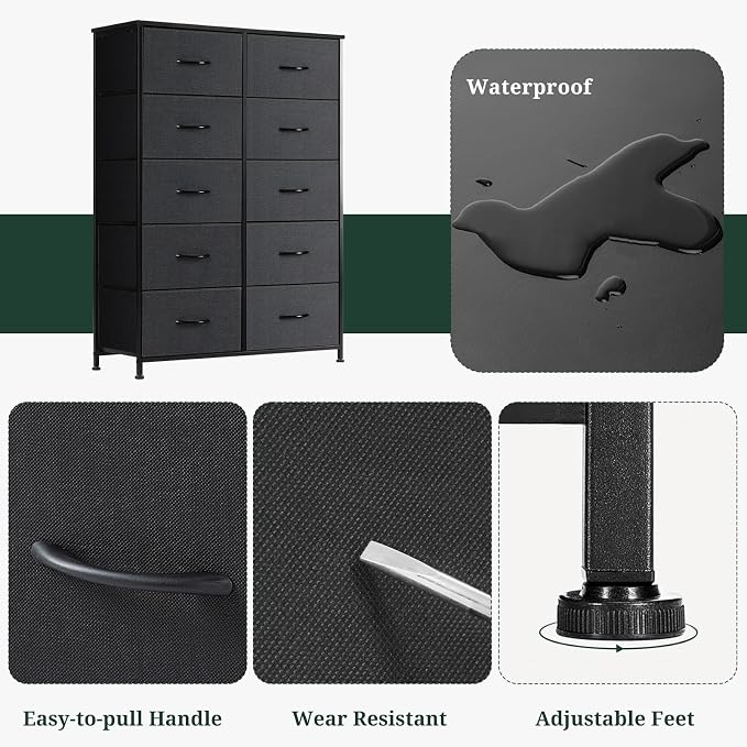 10-Drawer Dresser for Bedroom, Anti-Tip Tall Storage Organizer | Chest of Drawers with Wooden Top and Metal Frame Fabric Bins for Closet, Living Room, Hallway, Entryway, Black