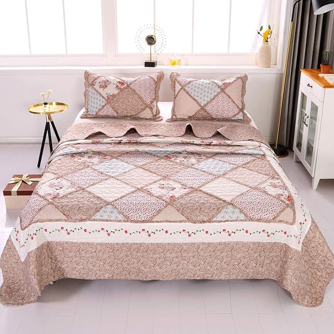 Full/Queen Size Quilt Set Pink Floral Patchwork Bedspreads Bedding Set | VIVILINEN 3-Piece Reversible Quilted Coverlet Lightweight Comforter Queen Bed Sheet Set Cover Blanket with 2 Pillow Shams