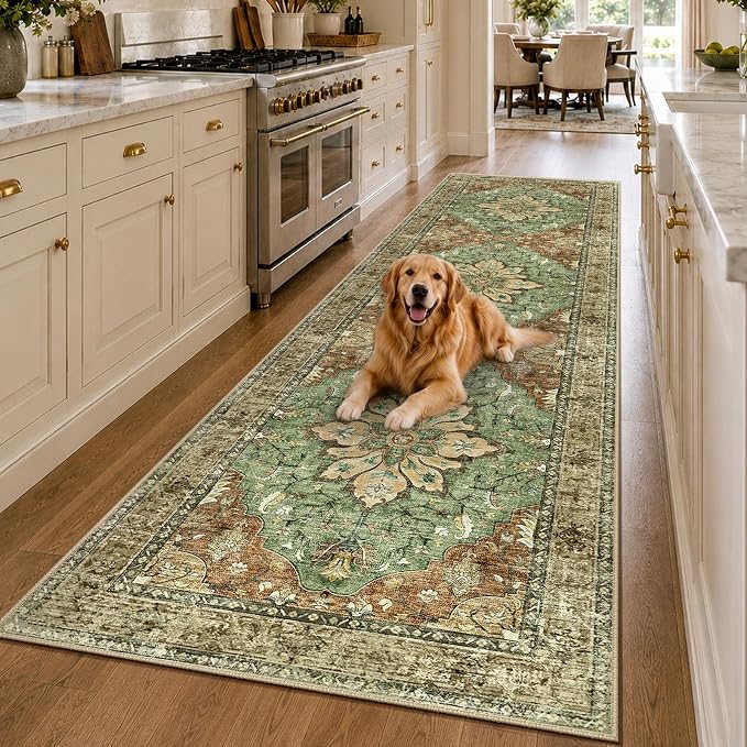 RELEANY Washable Area Rug, Runner 3'x10', Brick/Brown/Green | Non-Slip, Water Repellent, Pet Friendly, Easy to Clean, Vintage Floral Boho Decor for Kitchen Hallway Laundry Living Room