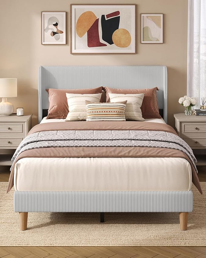Bestier Full Bed Frame with Wingback Headboard,Upholstered,Light Grey | Vertical Channel Corduroy Upholstered,Easy Assembly,Wingback Headboard,No Squeaks,Wooden Slats Support,No Box Spring Needed