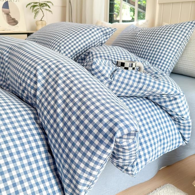 LifeTB Twin XL Comforter Set Blue Gingham Comforter with 2 Pillowcases Modern Plaid Grid Pattern Comforter Set for Men Boys Fluffy Soft Lightweight Bedding Boho Plaid Checkered Comforter Twin XL