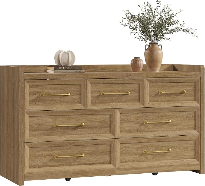SICOTAS Dresser for Bedroom with 7 Drawers, 56.5" Wide Large Modern Dresser | Chest of Drawers for Living Room, Closet Clothes Storage Organizer Smooth Sliding Drawers, Brown Oak