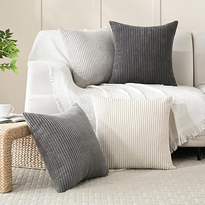 Volcanics Set of 4 Neutral Grey Corduroy Couch Throw Pillow Covers 20x20 in | Decorative Modern Farmhouse Striped Cushion Cases, Soft Boho Square Accent Pillow Covers for Home Sofa