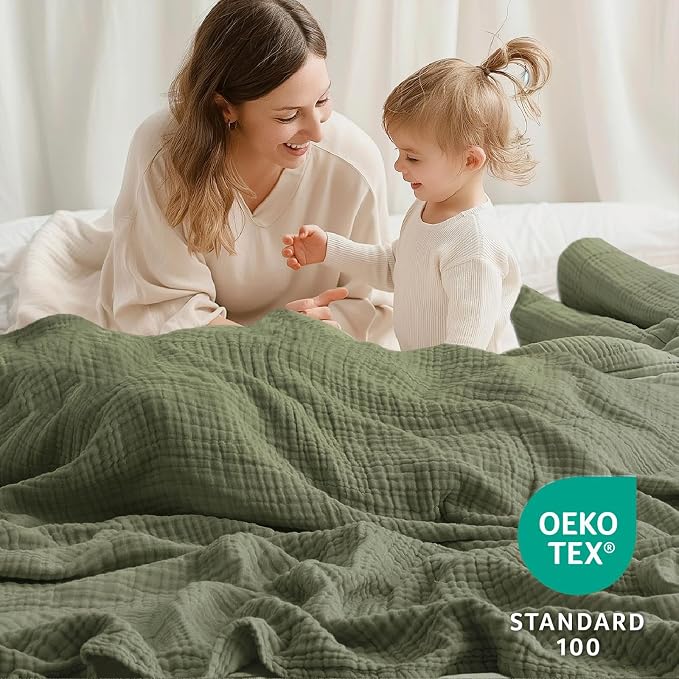 100% Cotton Muslin Blanket California King 120" x 90", 6 Layers Breathable and Lightweight Oversized Blankets for Bed, Soft Cooling Gauze Blanket for Adults All Season, Olive Green