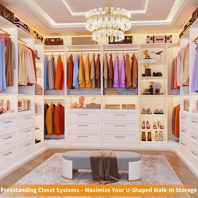Closet System with 6 Drawers, Corner Closet Organizer Systems with 8 Shelves & 7 Hanging Rods L-Shaped Walk in Closet Freestanding Corner Tower Modular Storage System 3 Sets 2100+ Lbs Capacity White