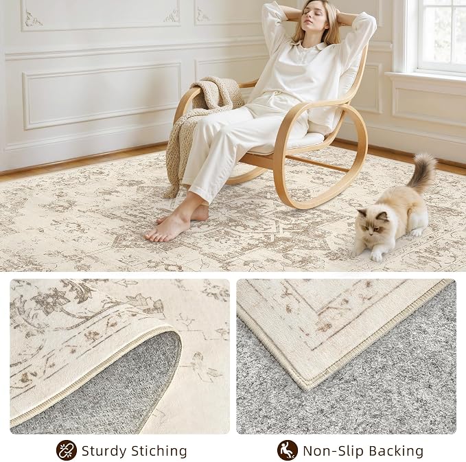 6x9 Area Rugs Living Room: Bedroom Washable Carpet Beige/Ivory | Vintage Boho Soft Small Indoor Decor Floor Non-Slip Low Pile Neutral Farmhouse Entryway Laundry Bathroom Bedroom Beside Rugs